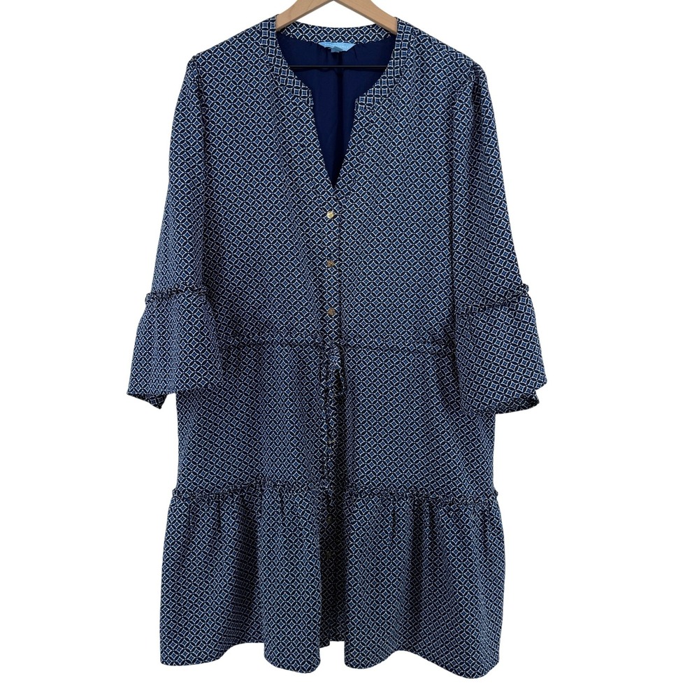 Draper James Button Front‎ Mini Dress Blue Women XXL Fit Flare Tiered Hem Pocket